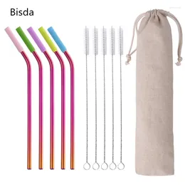 Drinking Straws 10pcs Stainless Steel Straw Set With Silicone Sleeve 5 Brushes 2 Bags Reusable Metal For Bar Accessories
