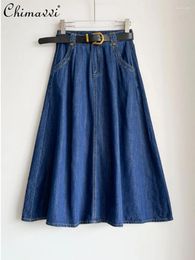 Skirts 2024 Spring Summer Vintage Dark Blue Elastic High Waist A-line Denim Skirt Women Fashion Casual Mid-Length Umbrella