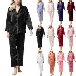 Women's Sleepwear 2 Piece Set Women Home Clothes Autumn Long-sleeved Pyjamas Button Lapel Sleep Shirts And Pant Satin Pyjama Suits