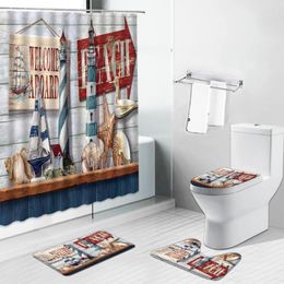 Shower Curtains Lighthouse Sailboat Shell European Style Curtain Set Sea Navigation Waves Bathroom Bath Mat Toilet Cover Carpet