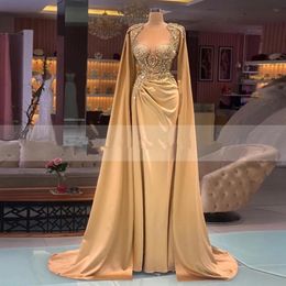 Luxury Gold Formal Evening Dresses With Cape Crystal Beaded Long Sleeves Ruched Satin Robe de mariee Mermaid Prom Party Gowns Custom Ma 1868