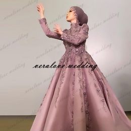 Pink Arabic Muslim Evening Dress High Neck Lace Appliques Satin Abaya Prom Party Gowns Vestido De Fiesta De Boda 227h