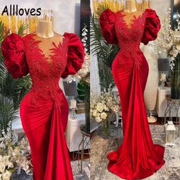 Plus Size Arabic Aso Ebi Red Mermaid Lace Prom Dresses Ruched Puffy Short Sleeves Beaded Sheer Neck Velvet Evening Formal Party Gowns S 1860