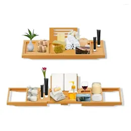 Storage Boxes Bathtub Tray Caddy Bamboo Extendable Foldable Bath Board Accessories Wine Holder Book Life Essential Elegant Wood Grain Detail