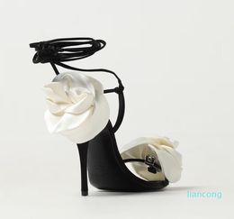 2024 Sandals Shoes Strap Double Flower Heeled Satin Gladiator Sandalias Lady High Heels EU35-42 With Box