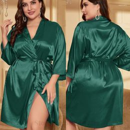 Home Clothing Women's Bathrobe Kimono Gown Summer Satin Cardigan Sexy Lace Up Robe Loose Lingerie Nightgown Three Quarter Sleeved Sleepwear