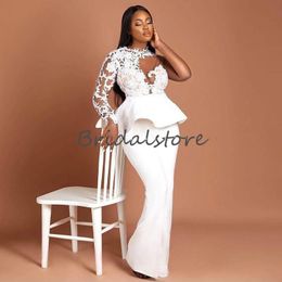 Stunning Plus Size White Prom Dresses Illusion Lace Long Sleeve African Prom Gowns Jumpsuit Satin Evening Dress 2021 Fashion New Party 261S