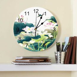 Wall Clocks Plant Lotus Chinese Style Decorative Round Wall Clock Arabic Numerals Design Non Ticking Wall Clock Large For Bedrooms Bathroom