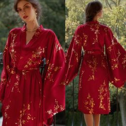 Home Clothing Bride's Burgundy Morning Gown Wedding Bridesmaid Group Kimono Satin Printed Robe Loose Casual Bathrobe Sexy Lingerie Sleepwear