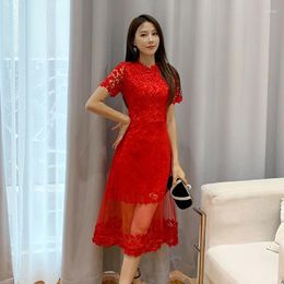 Party Dresses Spring Sexy Office A Line High-end Women O Neck Short Sleeve Elegant Vintage Red Mesh Patchwork Lace Dress