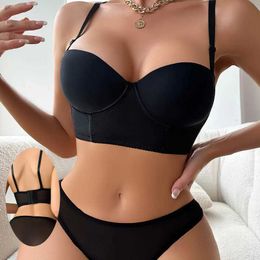 Bras Sets Viomisha Womens Sexy Lingerie Set Solid Colour 3/4 Cup Four Hook-and-eye Brassiere Female Push Up Bra Lady Underwear Panty Y240513