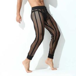 Men's Pants Summer casual mens long pants with breathable ankle straps pajamas with wide waistband hollow mesh stripes Sissy sexy sports pantsL2405