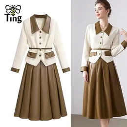 Work Dresses Tingfly Women Winter Autumn Fashion Two Pieces Sets Button Up Short Jacket Coats & A Line Midi Long PU Leather Skirt Set