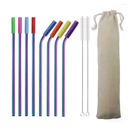 Drinking Straws Colorful Straw 304 Stainless Steel Reusable Straight Bent Metal With Silicone Tips Cleaner Brush Wholesale