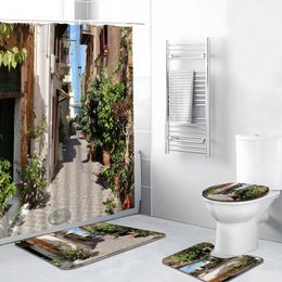 Shower Curtains 4pcs/Set Landscapes Curtain 3D European Rural Town Street Scenery Greek View Bathroom Decor Bath Mat Rug Toilet Cover