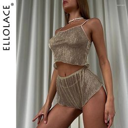Home Clothing Ellolace Pleated Lace Sexy Sleepwear Attractive See Through Summer Women 3-piece Set Outfit Wear Nighty Matching Night