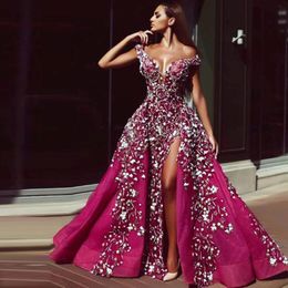 Tony Chaaya 2021 Split Evening Dresses With Detachable Train Pink Beads Mermaid Appliqued Prom Gowns Lace Luxury Party Dress robes de s 243a