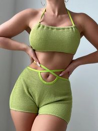 Women's Swimwear Sexy Criss Cross High Waist Bikini Set 2024 Women Halter Pleate Push Up Two Piece Swimsuit Green Beach Bathing Suit