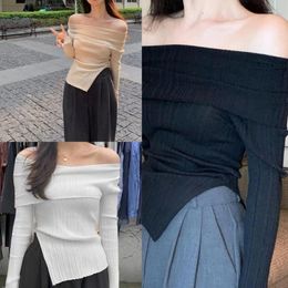 Women's T Shirts Off Shoulder Asymmetrical Hem Fit Long Sleeve Crop Top Streetwear