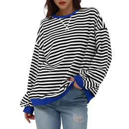 Women's Hoodies Oversized Striped Colour Blocking Long Sleeved Round Neck Sports Shirt Casual Loose Fitting Pullover Top 2024 -