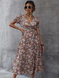 Party Dresses Wrap Dress Women Korea Chic Summer Printed Flower V-neck For Casual High Waist Split Midi Vestidos