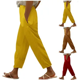 Women's Pants Women Cotton Linen Large Size Solid Color Elastic Waist Loose Straight Trousers Female Harajuku Wide Leg Cropped 5XL