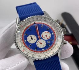 46MM Quartz Chronograph Navitimer Date Mens Watches Luminous Red Hands Watch High Grade Blue Rubber Band Blue Dial Wristwatches3661477