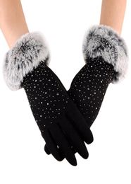 Womens Gloves Full Finger Faux Fur Thicken Winter Warm Cashmere with drill Female Outdoor Sport Warm Gloves YL51341014