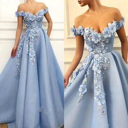 2020 Elegant Blue Prom Dresses Lace 3D Floral Appliqued Pearls Evening Dress A Line Off The Shoulder Custom Made Special Occasion Gowns 265r