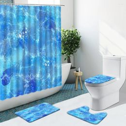 Shower Curtains Blue Ripple Geometric Stripes Dots Bathroom Set Curtain Fabric Non-Slip Rugs Flannel Toilet Carpet Cover With Hooks Decor