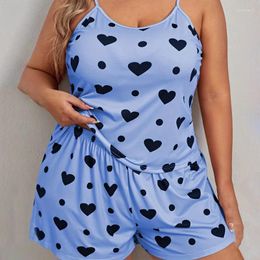 Home Clothing Women's Thin Casual Comfortable Pyjamas Set Plus Size Heart Print Crew Neck Cami Top And Shorts Lounge 2 Piece Pyjamas