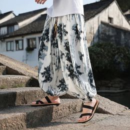 Pants Men s Chinese Style Retro Bamboo Ieaf Mens Wideleg Kung Fu Traditional Casual Loose Oversize Trousers 240506