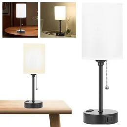 Table Lamps Dimmable Eye Care Reading Light Desk Lamp With USB C And A Ports Pull Chain White Nightstand Bedroom For Office Dorm