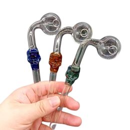 Colourful Skull Curved Glass Smoking Handle Pipes Mini Pyrex Hand Blown Oil Burner Bong Recycler Tube