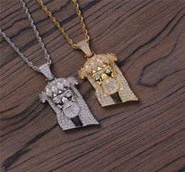 Hip Hop Jesus Head Pendant Necklace Gold Silver Plating with Rope Chain Tennis Chain Iced Out Full Zircon Mens Necklace7150297