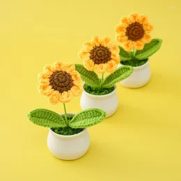 Decorative Flowers Mini Knitting Sunflower Small Potted Plant Ornaments Finished Hand Crochet Wool Flower Pots Decor Home Room Desk