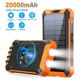 Wireless Solar Power Bank 20000mah With Four Cables Outdoor Portable Portable Charger Solar Panel Dual USB With LED Light