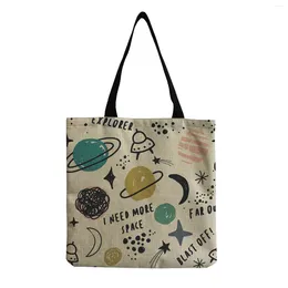 Bag Cartoon Planet Space Print Cute Book Bags For Girls Large Capacity Storage Practical Linen Handbag Starry Sky Daily Shopper