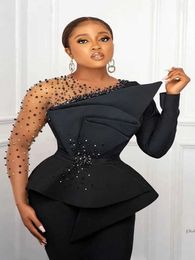 Runway Dresses Aso Ebi Black Mermaid Formal Evening Dresses Pearls Crystals Beaded Long Sleeves Plus Size Fashion Party Ladies Prom Gowns