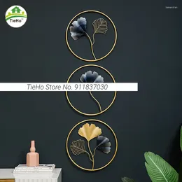 Decorative Figurines Luxury Golden Round Wall Hanging Decor Porch Sofa TV Background Decoration Metal Ginkgo Leaf Coloured Ornaments Home