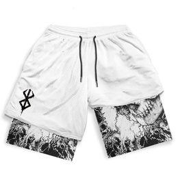 Y2K Anime Gym Shorts Manga Skull Sacrifice 2 in 1 Performance Shorts for Men Fitness Gothic Mesh Quick Dry Short Pants Summer 240513