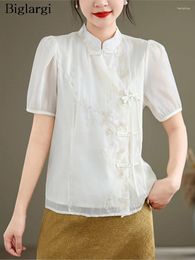 Women's Blouses Chiffon Summer Chinese Style Shirts Tops Women Short Sleeve Fashion Flower Embroidery Ladies Elegant Woman Shirt