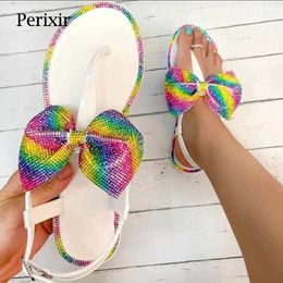 Slippers Perixir Designed Women's Bowknot Rhinestone Outer Candy 2024 Summer Open Square Toe Muller Beach Shoes Size 37-41