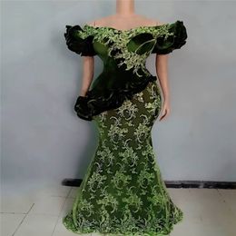 Hunter Green Lace Aso Ebi Evening Gowns Short Sleeves Puffy off shoulder Mermaid Women African Plus Size Prom Dresses Appliques 268b