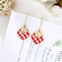 Dangle Earrings Summer Fashion Women Small Jewelry E02960 Red Color Lattice Overhanging Drop Ear