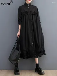 Casual Dresses YZJNH 2024 Spring Long Dress Women's Loose Fashion Stand Neck Black Wooden Ear Edge Shirt Women