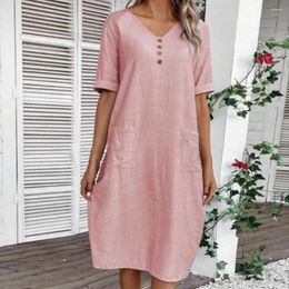 Party Dresses Summer Women Dress V Neck Short Sleeves Button Decor Solid Colour Loose Pockets Lady Knee Length Midi