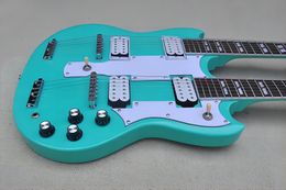 Factory Custom Blue Green Double Neck Electric Guitar With 6 and 12 Strings Guitar Chrome Hardware White Pickguard Offer Customised