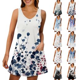 Casual Dresses Women's Sundress With Pockets Summer Boho Beach Dress Blouses For Women T-Shirts V Neck Loose Tank