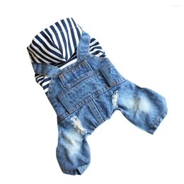Dog Apparel 1PC Stripe Hooded Pet Clothes Jumpsuits Durable Jean Suspender Costume For Outdoor Size XS